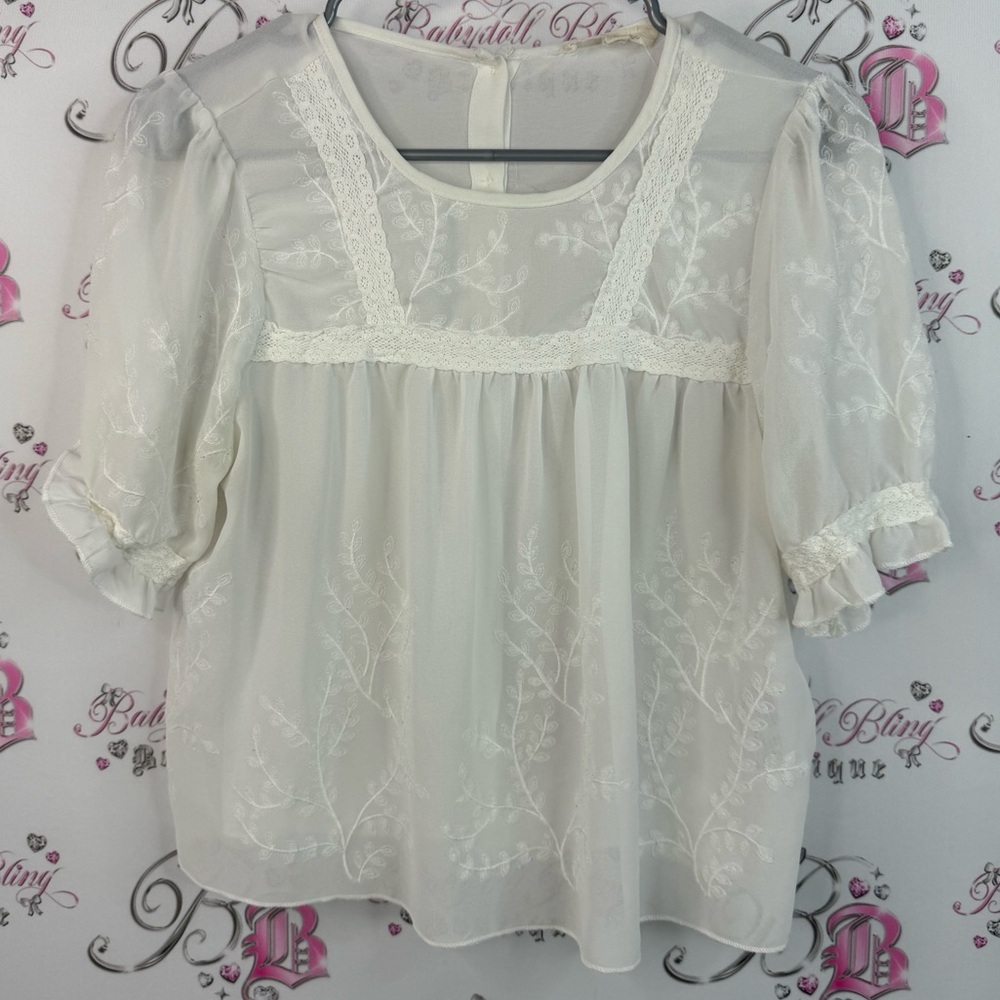 Rebellion T-shirt floral embroidered mesh flowers button up Ivory Floral Blouse